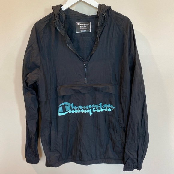 Champion Anorak Black Hooded Spellout Windbreaker Jacket Size Large Pockets Y2K - Picture 1 of 6